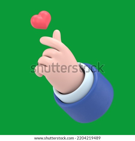 Green Screen Mock-up.Stylized Cartoon 3D Rendering Hand Gesture Represents the Finger Heart Symbol, a Message of Love.Green Screen for footage and clipping path.
