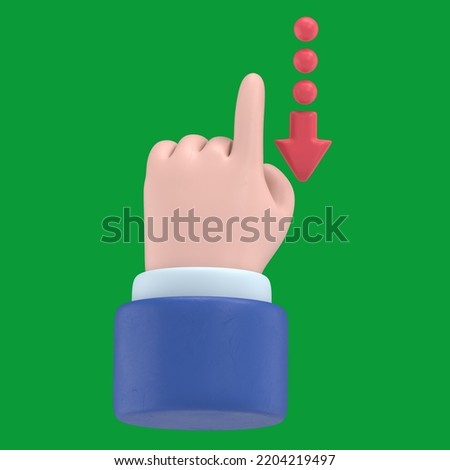 Green Screen Mock-up.Touchscreen gesture line icons.3D illustration hand Swipe Down Cartoon character hand. Green Screen for footage and clipping path.
