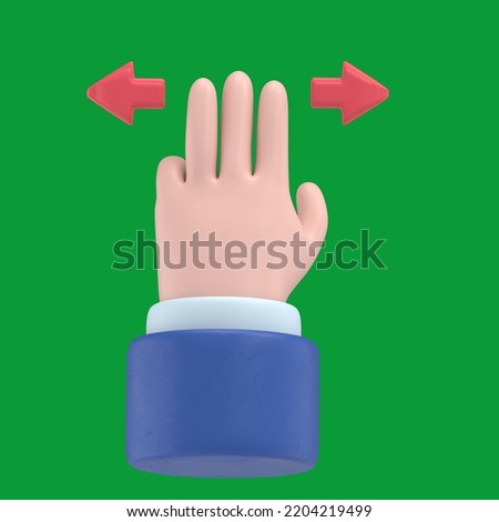 Green Screen Mock-up.Touchscreen gesture line icons.3D illustration three hands Swipe Right or Left Cartoon character hand. Green Screen for footage and clipping path.
