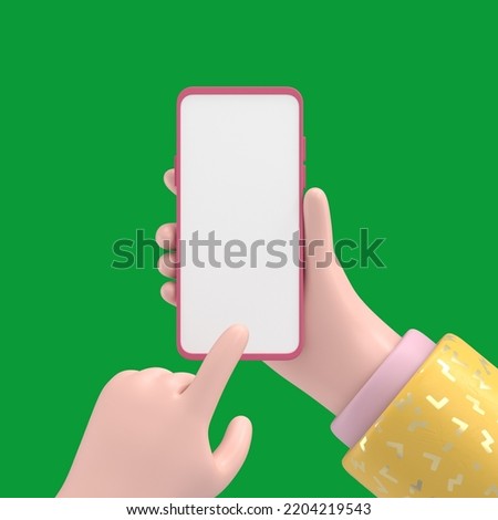 Green Screen Mock-up.Cartoon character with mobile device. Green Screen for footage and clipping path.
