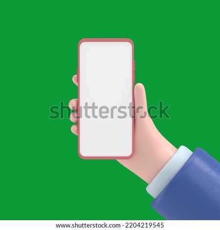 Green Screen Mock-up.  Cartoon character holds mobile gadget with blank touch screen.Green Screen for footage and clipping path.
