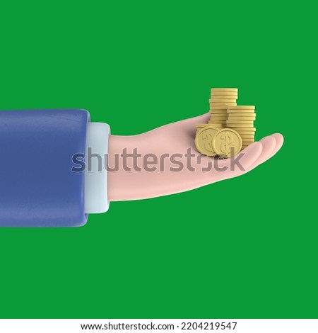Green Screen Mock-up. Cartoon character hand holding golden coins. Green Screen for footage and clipping path.
