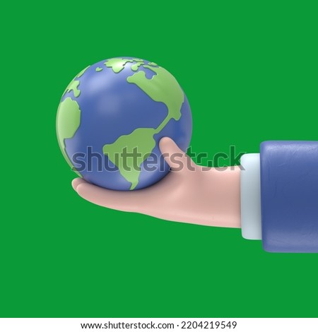 Green Screen Mock-up. Cartoon character hand holding a globe. Global business or ecology concept clip art Green Screen for footage and clipping path.
