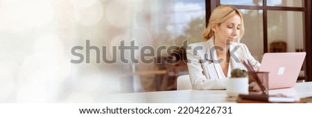 Web banner beautiful business woman working in company office with cheerfulness with copy space on left Royalty-Free Stock Photo #2204226731