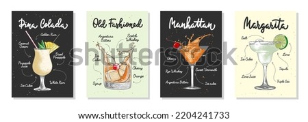 Set of 4 advertising recipe lists with alcoholic drinks and ingredients, cocktails and beverages lettering posters, wall decoration, prints, menu design. Hand drawn vector engraved sketches.  Royalty-Free Stock Photo #2204241733