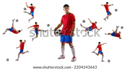 Portrait of young man, football player training, playing, posing isolated on white studio background. Collage. Development of movements. Concept of sport, team game, action, motion. Copy space for ad