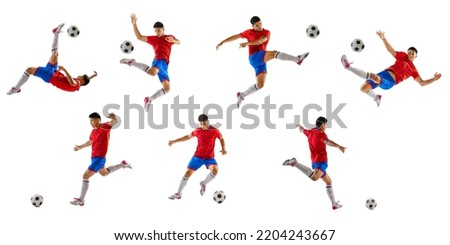 Portrait of young man, football player training, playing, isolated on white studio background. Collage. Development of movements. Concept of sport, team game, action, motion. Copy space for ad, poster