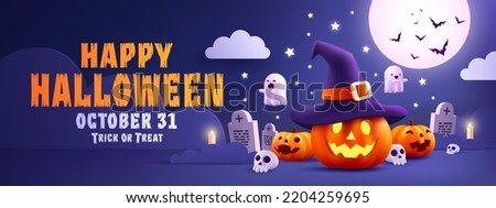 Halloween Promotion Poster or banner template.Halloween night seen with big Moon, Pumpkin ghost,Wizard Hat,cute ghost,cartoon skull and halloween elements. Website spooky or banner template Royalty-Free Stock Photo #2204259695