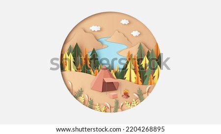 Lonely camping in the autumn forest. Solo camping in Autumn. Autumn landscape. paper cut and craft style. vector, illustration.