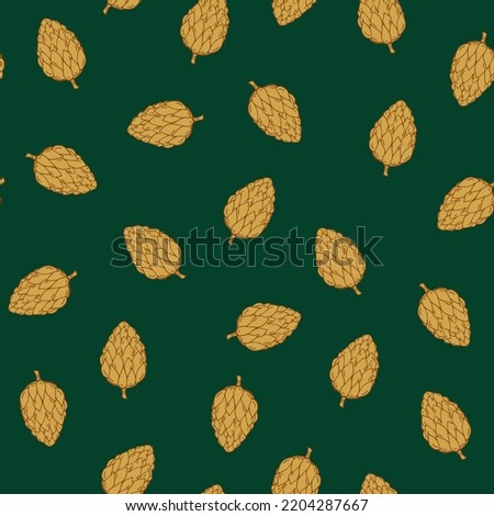 Cone seamless pattern on green background. Hand drawn botanical elements background. Simple repeating pattern