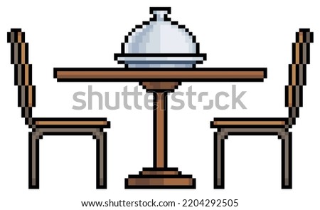 Pixel art wooden table with chairs and food tray vector icon for 8bit game on white background