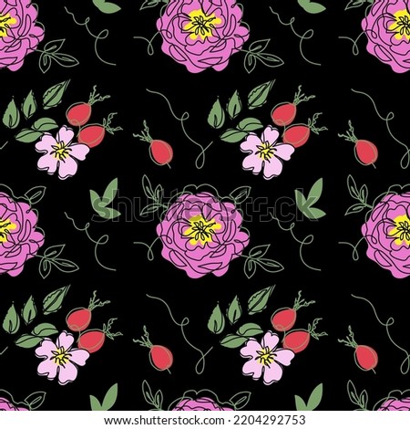 Dog rose, rosehip, briar, rosa canina, wild rose vector seamless pattern on black background. One continuous line art drawing of flowers and berries, dog rose pattern.