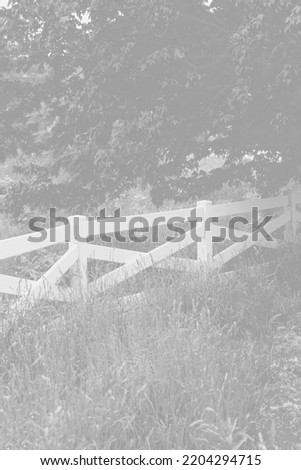 A traditional rural wooden fence surrounding the summer meadow in a faded black and white monochrome.
