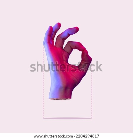 The female hand showing the ok gesture. Art collage.