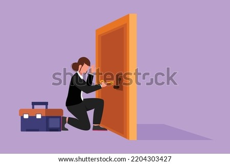 Character flat drawing businesswoman prying doorknob with screwdriver. Woman repair broken handle door knob with handyman tool in tool box. Success business concept. Cartoon design vector illustration