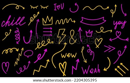 Hand Drawn big set of doodle pink and yellow arrows and graphic elements on black background. Vector doodle line arrows and letterings, hearts, speech bubbles