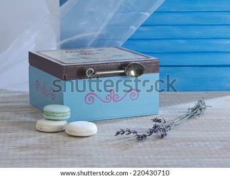 photos in Provencal style with macaroni, a bouquet of lavender and tea box