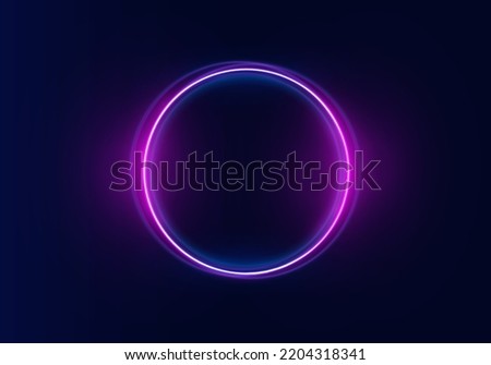 Purple electric light for banner. Round circle picture frame with two tone neon color shade motion graphic. Violet light moving. Pink, blue glow rings. Glowing neon line in form circular path. Vector.