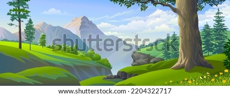 A landscape of the beautiful cliffs with green meadows and mountains. Royalty-Free Stock Photo #2204322717