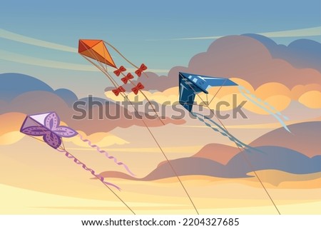 Group of kite soars in the sky flying colored toy vector illustration with cloudy morning sky on background