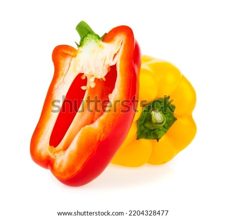 Red and yellow pepper isolated on white background. Detail for design. Design elements. Macro. Full focus. Background for business cards, postcards and posters