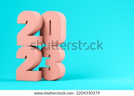 Pink numbers 2023 on a blue background 3D illustration Royalty-Free Stock Photo #2204330379
