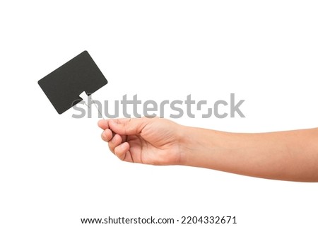 Hand with price tag isolated on white background