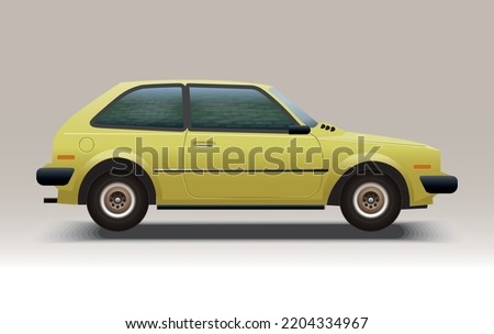 Realistic vector illustration of a small family sub compact car, yellow 1980's retro runabout hatchback. Side view