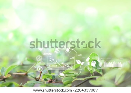 Sustainable energy and smart technology icon on blurred nature background, Environmental and Ecology concept. AI, Futuristic Smart virtual screen, Internet of things, social media, big data, metaverse