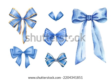 Blue bows.Watercolor illustration isolated on white background.