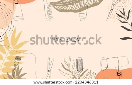 Frame, border of hairdressing tools. Hair salon accessories outline, comb, scissors and abstraction. Vector illustration, template for design and hairdresser information. Royalty-Free Stock Photo #2204346311