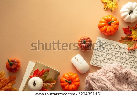 Autumn office workspace. Autumn flat lay background.
