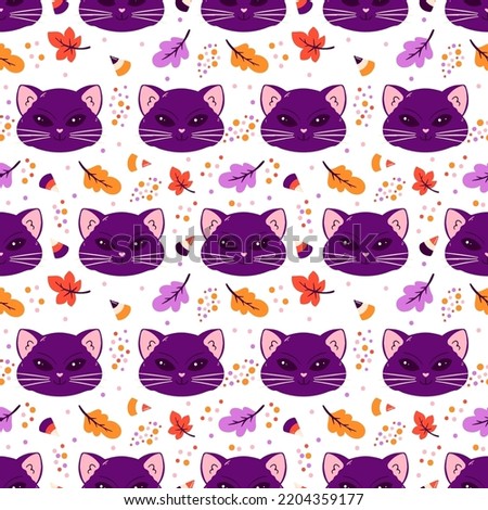 Vector Halloween seamless pattern with cat, candy corn, autumn leaves. Holiday surface pattern design. 