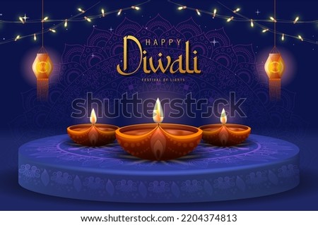 Happy Diwali Poster with Diya Lamp and Peacock Vector Illustration. Indian festival of lights Design. Suitable for Greeting Card, Banner, Flyer, Template.  Royalty-Free Stock Photo #2204374813