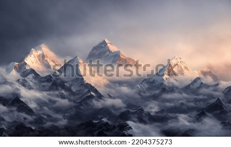 View of the Himalayas on a foggy night - Mt Everest visible through the fog with dramatic and beautiful lighting Royalty-Free Stock Photo #2204375273