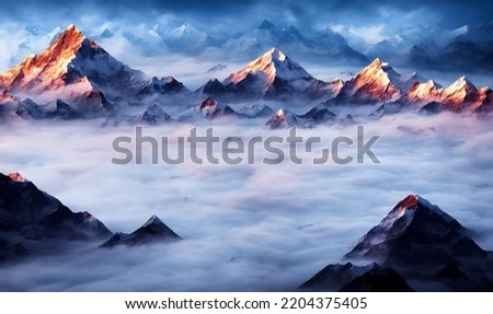 View of the Himalayas on a foggy night - Mt Everest visible through the fog with dramatic and beautiful lighting Royalty-Free Stock Photo #2204375405