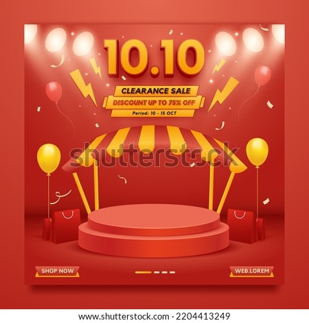 10.10 Clearance sale social media marketing background template with podium and flying balloons Royalty-Free Stock Photo #2204413249