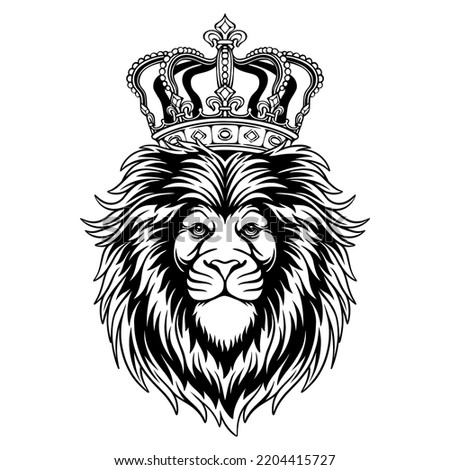 vector illustration Lion's head with king's crown black and white design