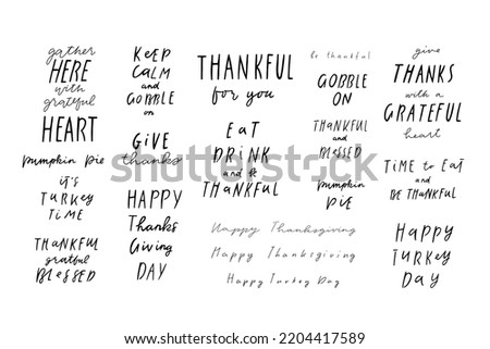Big set of Happy Thanksgiving day handwriting lettering, isolated on white background. Greeting Autumn, fall text and quotes clip art collection. Vector illustration