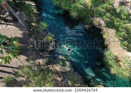 Aerial drone landscape view of young Australian tourist woman swimming in Bitter Springs natural thermal hot pools in the Northern Territory of Australia. Royalty-Free Stock Photo #2204426769