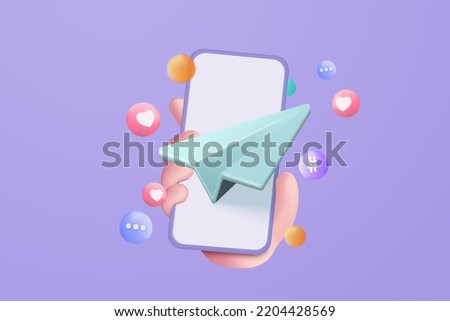 3d paper plane icon to send email plane on mobile phone in business hand. 3d email sent letter to social media marketing. Phone subscribe to newsletter. 3d plane flight icon vector render illustration Royalty-Free Stock Photo #2204428569