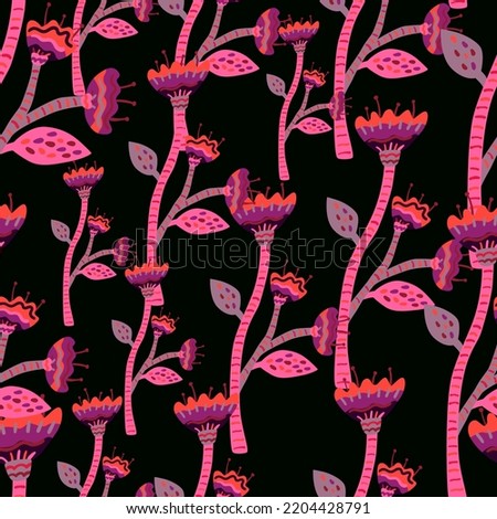 Abstract flower seamless pattern in naive art style. Beautiful floral wallpaper. Cute plants endless backdrop. Design for fabric, textile print, wrapping paper, cover. Vector illustration