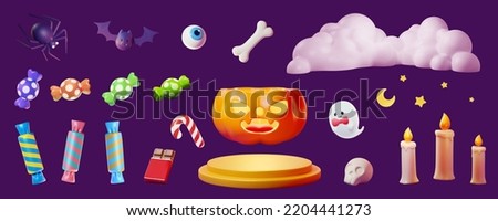 Halloween element set isolated on purple background. 3d illustrated spider, bat, eyeball, bone, cloud, candies, jack o lantern pumpkin, stage, ghost, skull, moon, stars, and candles.