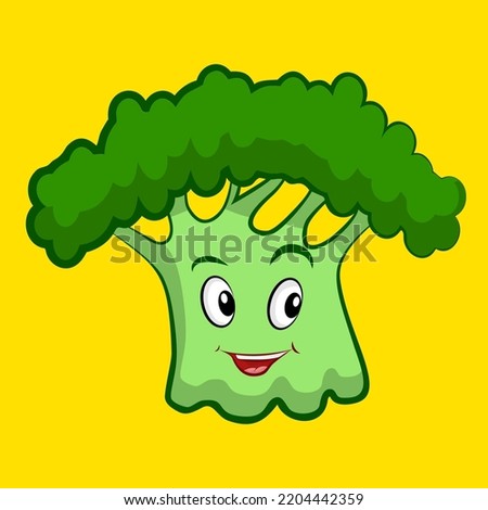 Cute broccoli vegetable smiling, clip art isolated on yellow background suitable for sticker print design, illustration or collection.