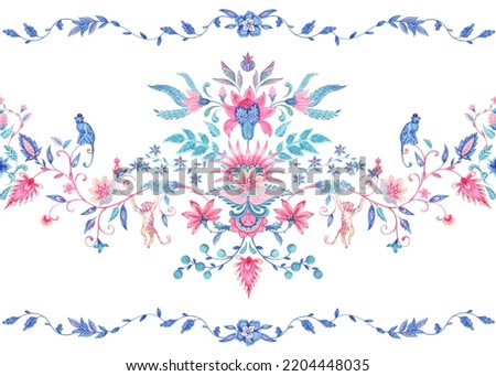 Beautiful floral composition with hand drawn watercolor abstract flowers in old traditional style with monkey. Stock illustration.