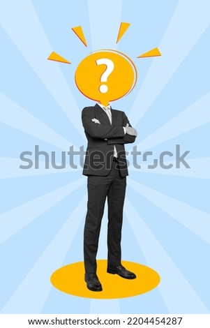 Creative trend collage of confident successful businessman question mark instead head answer ask request conference management concept Royalty-Free Stock Photo #2204454287