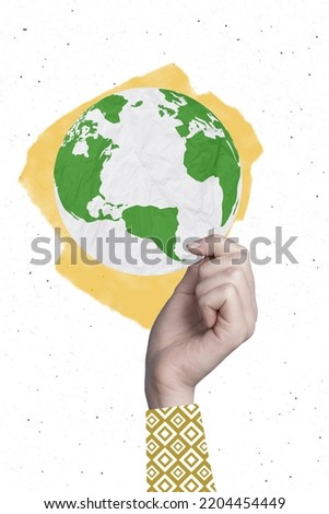 Creative photo 3d collage poster postcard artwork of big arm hold earth planet support eco friendly attitude isolated painting background