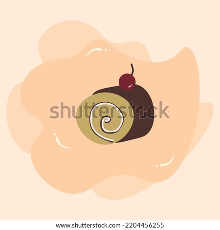 Cake rolls chocolate with cherry on top vector ilustration.Graet for children book ilustration,stickees,wallpaper kitchen,etc.