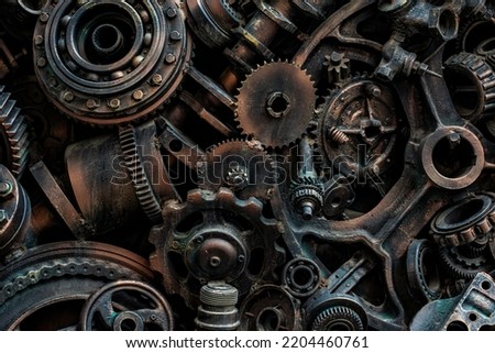 metal scrap rusty industrial part detail for melt and reused for recycling steampunk background Royalty-Free Stock Photo #2204460761