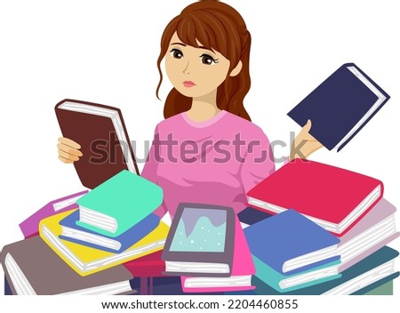 Illustration of Teen Girl Looking at Pile of Used Books for Sale
